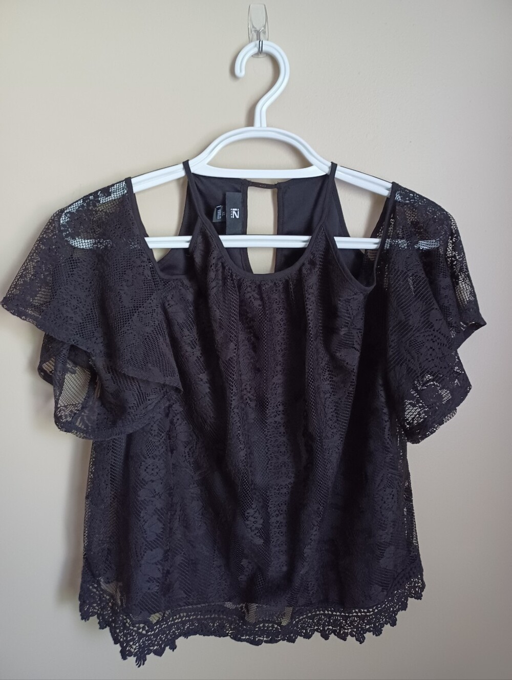 Women's Size XL IZ Byer Black Lace Polyester Short Sleeve Blouse Shirt Top